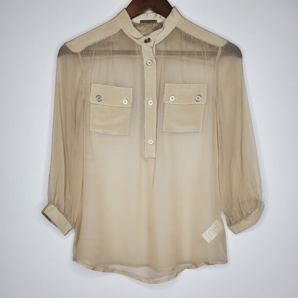 Loeffler Randall Women 100% Silk Sheer Blouse Size 0 Tan Round Neck Quiet Luxury - Picture 1 of 10